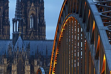 Cologne Cathedral and the Hohenzollern Bridge illuminated with LED lights, Cologne, North Rhine-Westphalia, Germany, Europe