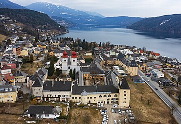 Drone shot, view of the town, Millstatt Abbey, Millstatt, Lake Millstatt, Carinthia, Austria, Europe