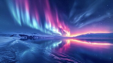 Stunning purple and blue aurora borealis reflecting on a snow-covered serene landscape, AI generated
