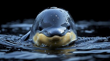 Vaquita porpoise or cochito (Phocoena sinus) with a calm expression emerging from dark rippling water, ai generated, AI generated
