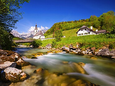 Parish church of St Sebastian on the Ramsauer Ache, behind Reiteralpe, Ramsau, Berchtesgadener Land, Upper Bavaria, Bavaria, Germany, Europe