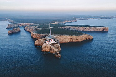 Drone shot, southern tip, Sagres, lighthouse, blue hour, Portugal, Europe
