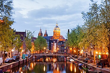 Red Light District in Amsterdam at dusk in Netherlands, North Holland province