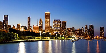 Chicago, USA, 12 July: The Chicago skyline just after sunset on a hot summer's day in Illinois, USA, North America