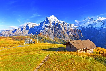 Grindelwald First, Switzerland aerial Swiss Alps mountains panorama landscape, wooden chalet and high snow peaks in background