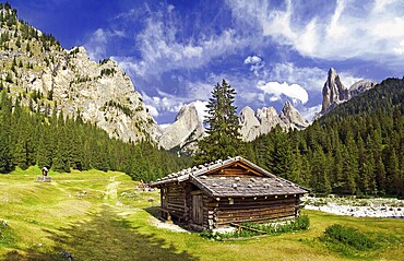 Idyllic with Sant Cyprian at the foot of the rose garden massif lies the Tschamintal, South Tyrol, Italy Idyllic with Sant Cyprian at the foot rose garden mountains lies the Tschamintal, South Tyrol, Italy, Europe