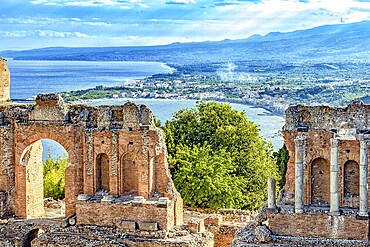 Greek theatre of Taormina, bay of Giardini-Naxos in Sicily