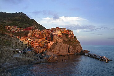 Village of Manarola at sunset, Cinque Terre, Italy, Europe