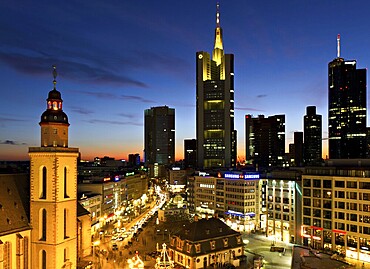 Frankfurt skyline at dusk near Hauptwache, Hesse, Germany Frankfurt, Germany, Europe
