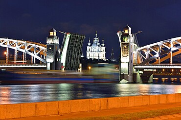 Smolniy cathedral and movable bridge in St-Petersburg, Russia. White Night view