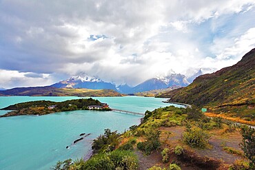 Beautiful Patagonia. Snow-capped mountains and emerald lake. Park Torres del Paine in southern Chile