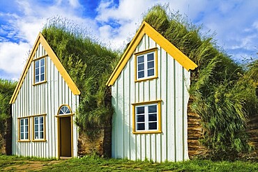 The recreated village - museum of first settlers in Iceland. Village of ancestors. Houses are roofed by the turf and grass