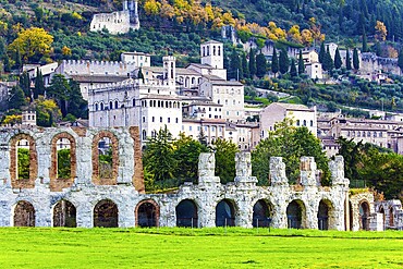 Roman amphitheater built two thousand years ago. Magnificent Renaissance palace. The city of Gubbio in the Umbrian mountains. Winter cold and windy day. Italy
