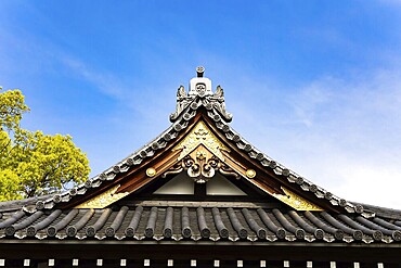 Temple roof. Decor element. Flower Temple by Kameido Tenjin. The temple is dedicated to the politician Sugawara no Michizane, the patron saint of students