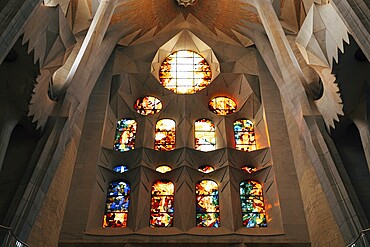 Barcelona, Spain - 15 December 2019: Stained windows from inside the Sagrada Familia in Barcelona, Spain, Europe