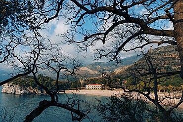 The park Milocer, Villa, beach Queen. Near the island of Sveti Stefan in Montenegro. Wide frame