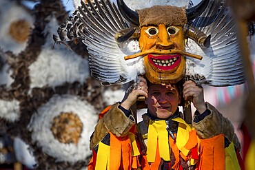 Pernik, Bulgaria - 28 January 2018: Participants take part in the International Festival of Masquerade Games Surva. The festival promotes variations of ancient Bulgarian and foreign customs and masks