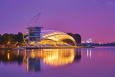 PUTRAJAYA, MALAYSIA - January 02, 2016 : Water Sport Center, located at Putrajaya, Malaysia, captured in beautiful night scene with purple sky, Asia