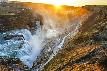 Waterfall and the sunrise of Iceland Gullfoss. Shooting Location: Iceland, Reykjavik