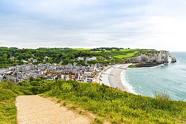 View from above to the town and the bay of Etretat, France, Europe