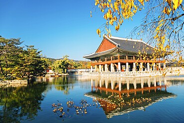 Gyeongbokgung Palace Gyeonghoeru with pond at autumn in Seoul, Korea