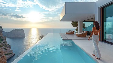 Attractive woman on the terrace of a villa in the style of Mediterranean modernism. Infinity pool and minimalist architecture in a Mediterranean setting with sea views. AI generated, AI generated