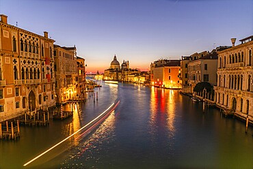 Morning atmosphere in front of sunrise, view of the Grand Canal from the Ponte dell' Accademia, Basilica Maria della Salute in the background, long exposure, Venice, Italy, Europe