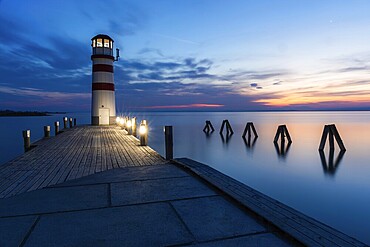 Lighthouse after sunset, blue hour, long exposure, Podersdorf am See, Lake Neusiedl, Burgenland, Austria, Europe