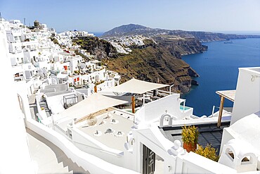 View from Imerovigli over the caldera to Fira, Santorini, Cyclades, Greece, Europe