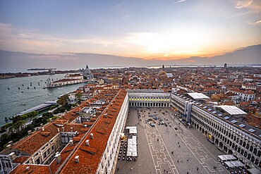 Panorama, St Mark's Square and Basilica di Santa Maria della Salute on the Grand Canal at sunset, view from the Campanile di San Marco bell tower, city view of Venice, Veneto, Italy, Europe