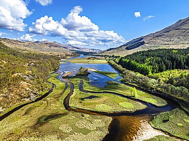 Loch Dochart and River Fillan from a drone, Highlands, Scotland, United Kingdom, Europe