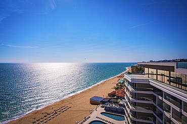 Beach view in sunny weather, the sea stretches to the horizon, Golden Sands, Varna, Bulgaria, Europe