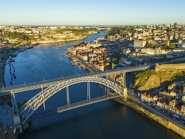 Porto City, Douro River and Empty Dom Luis Bridge in Morning. Aerial View. Portugal