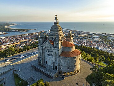 Basilica Santa Luzia at Sunset. Viana do Castelo City, Portugal. Aerial View.