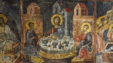 A fresco of the Last Supper with saints, dominating gold and brown tones, Easter 2025, Church of the Dormition of the All-Holy God Bear, Kimisis tis Theotokou, Asklipio, Rhodes, Dodecanese, Greek Islands, Greece, Europe
