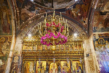 Magnificent interior of a church with golden details and frescoes, monastery, Moni Thari, near Gadouras reservoir, lonely mountain region, Rhodes, Dodecanese, Greek Islands, Greece, Europe