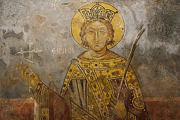 Image of a saint with a golden crown and halo on a church wall, Thari Monastery, Moni Thari, near Gadouras Reservoir, lonely mountain region, Rhodes, Dodecanese, Greek Islands, Greece, Europe