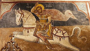 Religious depiction of an armoured rider on a white horse, Thari Monastery, Moni Thari, near Gadouras Reservoir, lonely mountain region, Rhodes, Dodecanese, Greek Islands, Greece, Europe