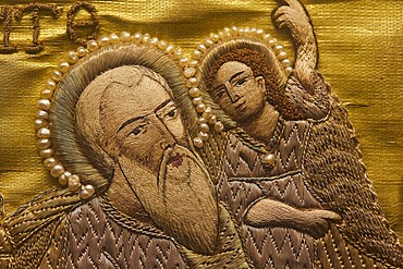 Detailed embroidery of a saint with pearl jewellery on golden fabric, Museum of Icon Painting, Thari Monastery, Moni Thari, near Gadouras Reservoir, lonely mountain region, Rhodes, Dodecanese, Greek Islands, Greece, Europe
