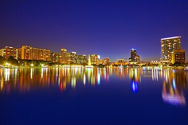 Orlando skyline sunset at lake Eola in Florida USA