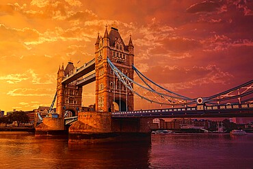 London Tower Bridge over Thames river sunset in England