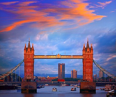 London Tower Bridge sunset on Thames river in England