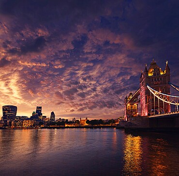 London Tower Bridge sunset on Thames river in England