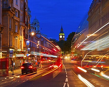 London Big Ben from Trafalgar Square traffic lights at sunset