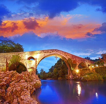 Cangas de Onis roman bridge on Sella river in Asturias of Spain