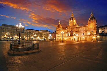 La Coruna City town hall sunset in Maria Pita Square of Galicia Spain