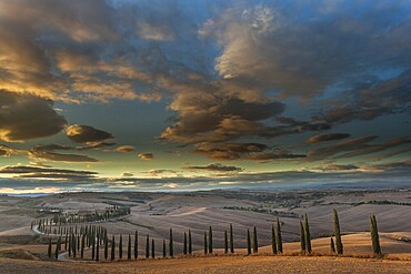 Tuscan hilly landscape with cypresses under a dramatic sky, Asciano, Province of Siena, Tuscany, Italy, Europe