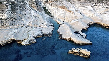 White rocks on the coast near Sarakinikoer, aerial view, Milos, Cyclades, Greece, Europe
