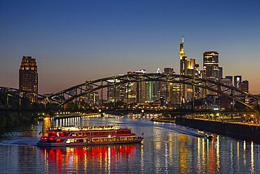 The lights of Frankfurt's banking skyline glow in the evening, Osthafen, Frankfurt am Main, Hesse, Germany