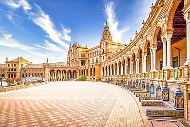 Spain, Seville. Spain Square, a landmark example of the Renaissance Revival style in Spanish architecture